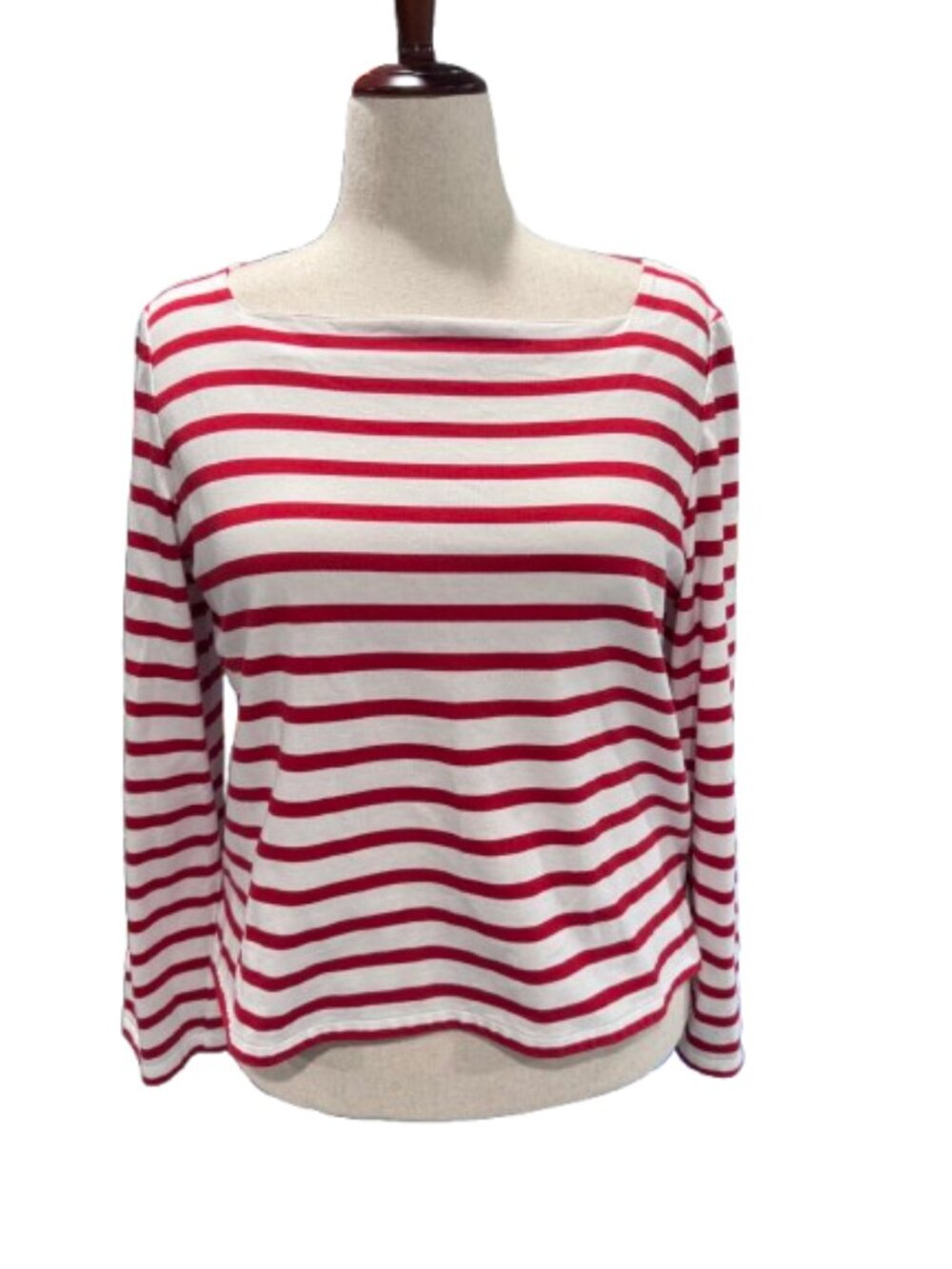 Lafayette 148 Square Neck Red & White Long Sleeves Striped Top (Size L)